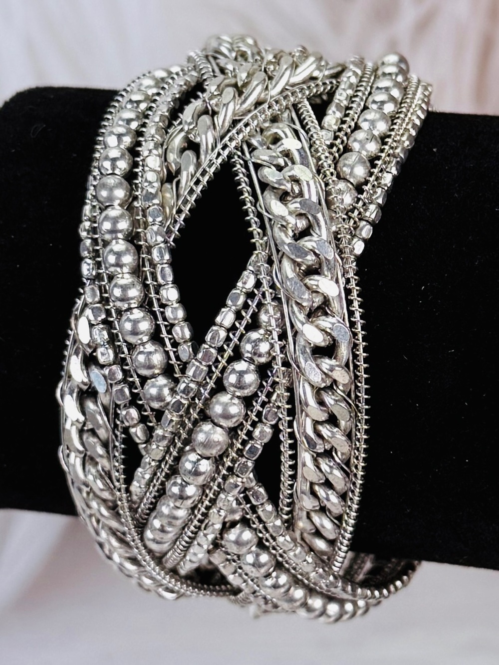 Elegant Silvertone Multi-Strand Adjustable Cuff Wide Band Bracelet